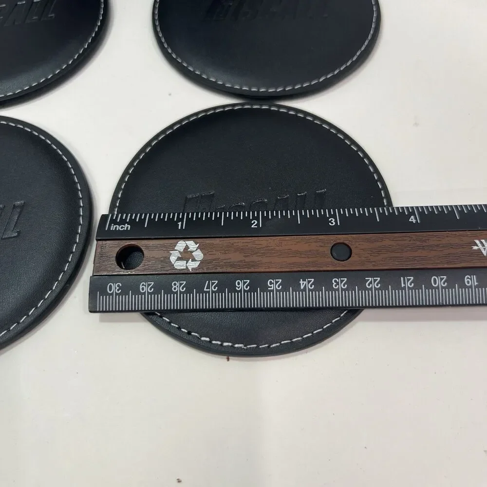 Bonded Black Leather 4 Coaster Set With Holder Embossed HisCall White Stitching